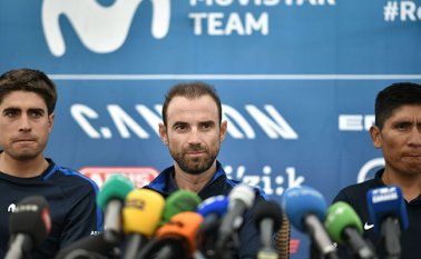 Mikel Landa, Alejandro Valverde y Nairo Quintana, líderes del equipo Movistar.  AFP