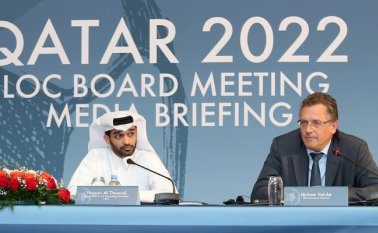 Esta foto de archivo de 2015 muestra a Hassan al-Thawadi, jefe del comité organizador de la Copa Mundial Qatar 2022 en una conferencia de prensa. Archivo