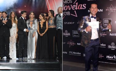 Parte del elenco de 'Sin Senos Si Hay Paraíso 2 y Gregorio Pernía, quien ganó el premio a Actor Antagónico.  Colprensa