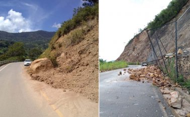 Deslizamientos en más de diez tramos presenta la nueva carretera de acceso al casco urbano de Gramalote (izquierda). Y en el tramo El Piñal, de la nueva carretera a Chinácota (derecha), los habitantes se encomiendan para no ser blanco de una roca en su paso por allí.
Cortesía