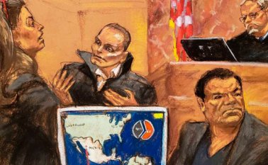 En el dibujo se muestra a Chupeta en la Corte explicando el negocio que tenía con el Chapo para proveerle cocaína colombiana de altísima pureza. Internet