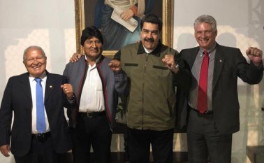 Salvador Sánchez, Evo Morales y Miguel Díaz-Canel, presidentes de El Salvador, Bolivia y Cuba; junto a su homólogo venezolano Nicolás Maduro. Tomada de Twitter
