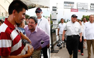 El embajador Francisco Santos (izquierda) conversó con quienes cruzaban la frontera. El diplomático estuvo acompañado de Howard Buffett, hijo del estadounidense Warren Graham Buffett. (derecha). Mario Franco