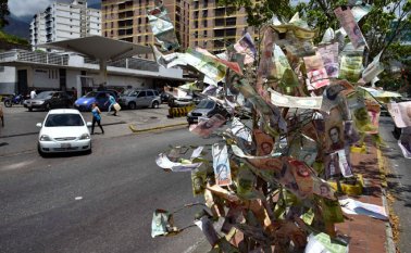 Los venezolanos decoran árboles con los billetes que se hunden sin freno, como resultado de la galopante inflación. AFP