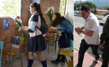 Con fotografías y flores blancas, los compañeros de Jennifer le rindieron un homenaje en su puesto. En la audiencia celebrada en el Juzgado Primero Penal Municipal de Los Patios, la juez declaró legal su captura de Román de Jesús Tamayo (derecha). Juan Pablo Cohen y Mario Caicedo