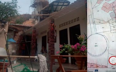 Aquí se ve la construcción desde el patio y en el plano la parte invadida. Cortesía