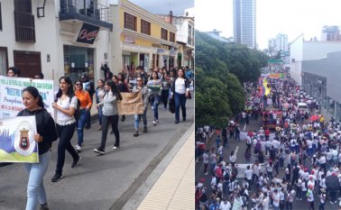 Habitantes de Pamplona, en Norte de Santander (izquierda), Bucaramanga y su área metropolitana, Santander (derecha), salieron este jueves desde las 2:00 pm a las calles a exigir al Estado la protección del páramo. Tomada de Twitter @ComiteSanturban