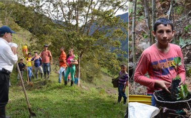 En una finca de la vereda Chicaguá Alto, el grupo de voluntarios se reúne al inicio del día y pasadas las 2:00 pm para almorzar. Las semillas de los árboles se empezaron a sembrar en un germinadero construido cerca a la reserva. Cortesía Johesis Cárdenas