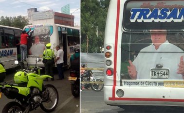 Estos vehículos ya no tienen los viniles que fueron pegados en los vidrios traseros, debido a que la Secretaría de Tránsito ha venido haciendo controles para desmontar esta propaganda política anticipada. Tomada de Facebook y La Opinión