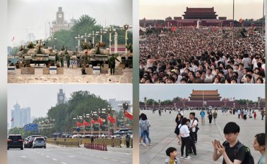 En esta combinación de fotos muestra en la parte de arriba a los estudiantes y locales reunidos en la Plaza Tiananmen en Beijing después de una huelga de hambre como parte de la protesta masiva a favor de la democracia. AFP