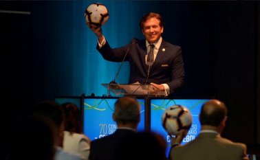 Alejandro Domínguez, presidente de la Conmebol, durante la designación de Colombia y Argentina como sedes de la Copa América 2020, en abril pasado. AFP