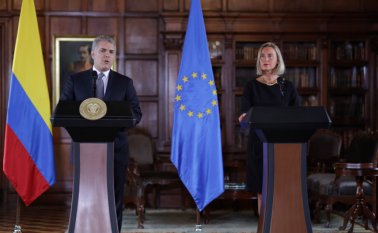 Presidente de la República Iván Duque y la Alta Representante de la Unión Europea de asuntos Exteriores y Políticas de Seguridad y la Vicepresidenta de la comisión Federica Mogherini. Colprensa