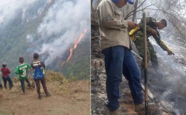 Un incendio forestal lleva siete días en Villa Caro (izquierda). En Cúcuta, el incendio en Cerro Tasajero continuaba este viernes (derecha). Cortesía