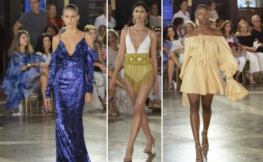 Texturas que simulan corales, encajes recamados en tonos metalizados y mallas confeccionadas en macramé, que emulan las redes de la pesca, estuvieron en la colección de Andrés Pajón. Colprensa