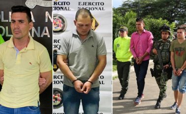 ‘Leo Barroso’ (izquierda) es señalado de generar temor en la comunidad a través de panfletos amenazantes dirigidos a algunos líderes sociales. En octubre, arrestaron a Diego Hernando Galván Ruedas, ‘El Médico’ (centro). Las autoridades capturaron en Cali y El Tarra, a ‘J.J’. o ‘El Mono’ y ‘Noni’. Policía Nacional