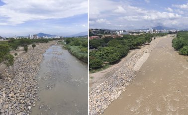 Primera foto: En octubre de este año se culminó la habilitación de enrocados en un tramo de 1.600 metros lineales sobre la margen izquierda del río Pamplonita, aguas abajo del puente de San Rafael. Segunda foto: Así lucen actualmente los enrocados, obra ejecutada por Corponor. Las murallas de piedra caliza permanecen intactas, cumpliendo la función de evitar el riesgo de inundaciones con el incremento de caudal. Archivo - Juan Pablo Cohen/La Opinión