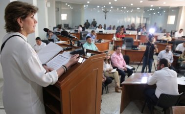 La Secretaría General del Concejo, María Leonor Villamizar, interviene aquí durante el control político que le adelantó ayer el Concejo. Obando