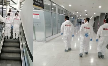 Funcionarios del Cuerpo Técnico de Investigación (CTI) de la Fiscalía vigila el aeropuerto Camilo Daza para evitar la violación a medida sanitaria. Cortesía