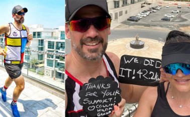 Collin e Hilda Allin después de haber corrido una distancia de 42.2 kilómetros (26 millas) en su balcón, en Dubai, durante las medidas de confinamiento contra el COVID-19. AFP