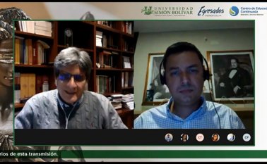 Magistrado y vicepresidente de la Corte, Antonio José Lizarazo Ocampo y Luis Fernando Niño López, profesor de la Unisimón y presidente de la Academia de Historia de Norte de Santander. Cortesía Unisimón