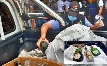 El Grupo Especial Anticontrabando de la Secretaría de Hacienda, acompañado de la Polfa, llevó a cabo los operativos en las recicladoras. En los controles se encontraron más de 1.500 envases de licor. Cortesía