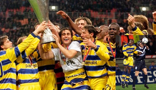 Los futbolistas del Parma levantan la Copa de la Uefa, el 12 de mayo de 1999. Archivo