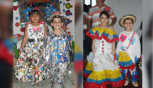 Coloridos trajes elaborados con materiales reciclables fueron hechos por los niños con la asesoría de los padres y los docentes. Cortesía