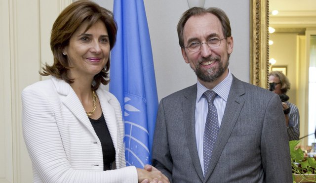 La Cancillero junto al Alto Comisionado para los Derechos Humanos, Zeid Ra'ad Al Hussein. AFP