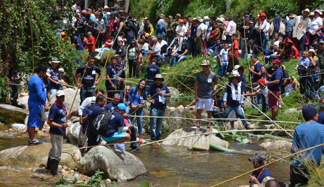 En el río La Plata se congregan cientos de familias a presenciar la pesca artesanal de trucha. El mutiscuano, Omar Cáceres Latorre, ganó otra vez el festival. Roberto Ospino