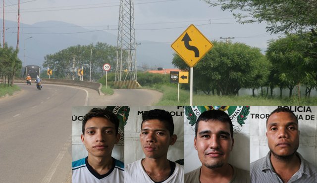 Las capturas en flagrancia se cumplieron en el puente de La Gazapa: (de izquierda a derecha) Daniel Alejandro Sandoval Gómez, Eder Zamir Cetina Rodríguez (condenado), Pedro Gustavo Ladino Álvarez, Andrés Cuenca Flor. La Opinión