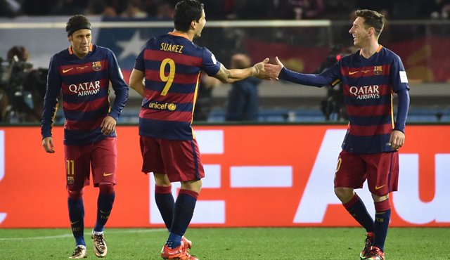 Neymar, Luis Suárez y Messi, jugadores del Barcelona. AFP