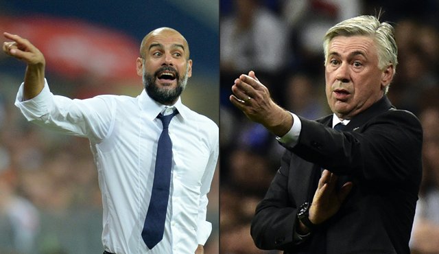 Josep Guardiola y Carlo Ancelotti. AFP