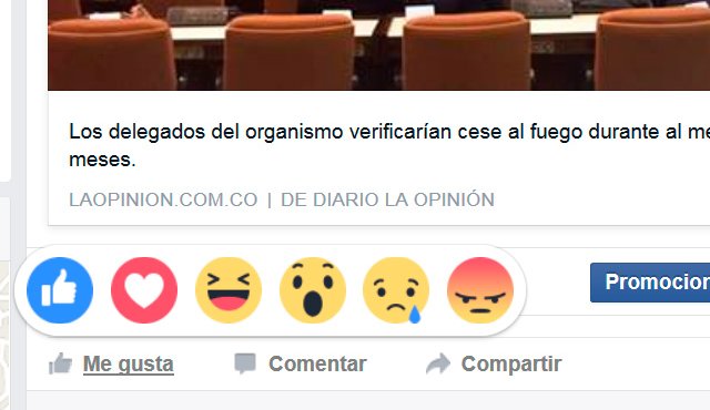 A través de esta manera se puede dar 'me gusta' o decir ‘me encanta’, ‘me divierte’, ‘me alegra’, ‘me asombra’, ‘me entristece’ y ‘me enoja’. La Opinión