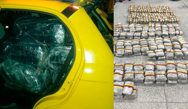 La droga estaba distribuida en 277 paquetes rectangulares en forma de panela, envueltos en adhesivo transparente y una cinta con los colores del tricolor nacional. Policía Nacional