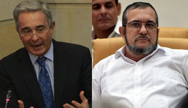 Álvaro uribe vélez, expresidente y senador del Centro Democrático, y Rodrigo Londoño Echeverri, ‘Timochenko', máximo jefe de las Farc. Archivo