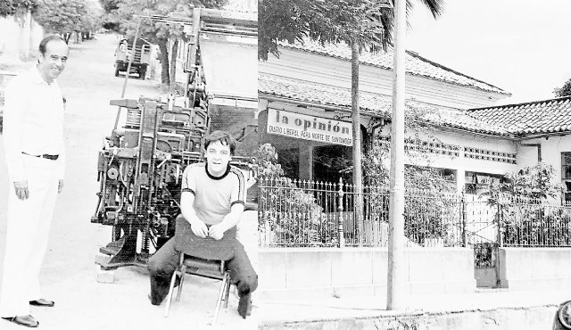 Eustorgio Colmenares trasteando el linotipo modelo 31 a la Quinta Yesmín. En la foto con Manuel Puyana. Archivo