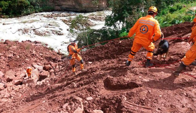 Unidades de rescate trabajan en el lugar del derrumbe para dar con el paradero del cuerpo del conductor. Cortesía