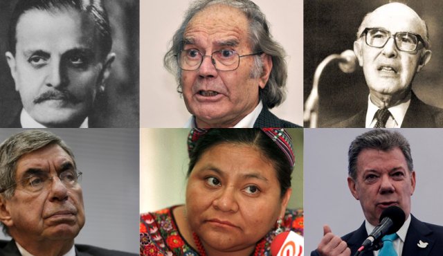 Carlos Saavedra Lamas, Adolfo Pérez Esquivel, Alfonso García Robles, Óscar Arias Sánchez, Rigoberta Menchú y Juan Manuel Santos Calderón. Archivo