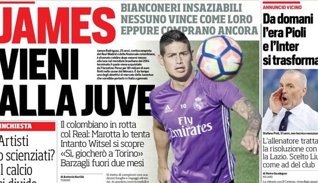 James jugaría con Juan Guillermo Cuadrado. Tomada de Corrieredellosport.it