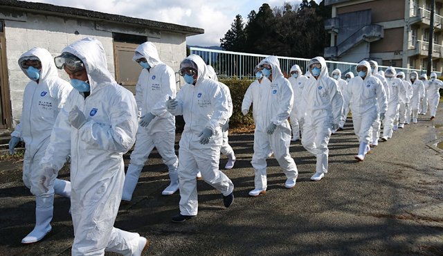 Soldados de la Fuerza de Autodefensa de Tierra dirigiéndose a la granja de pollos en Sekikawa, prefectura de Niigata. AFP