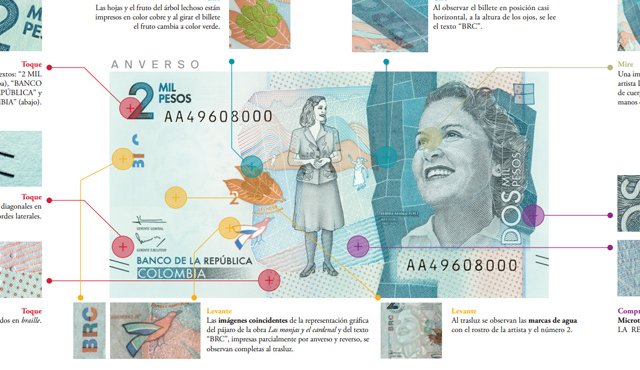 Todos los billetes de la nueva familia incluyen tintas e hilos de seguridad de colores intensos. Banco de la República