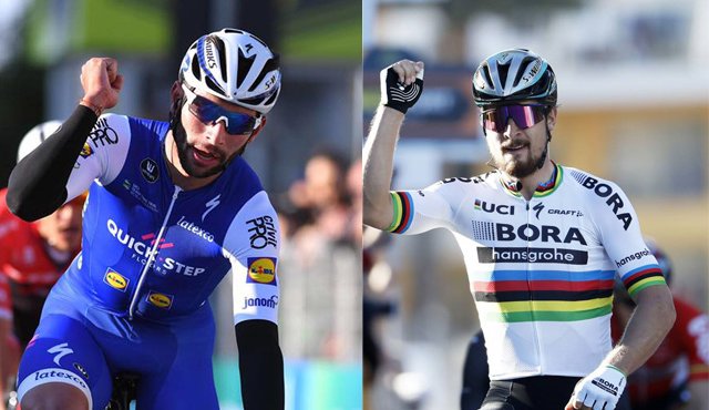 El pedalista colombiano Fernando Gaviria (izquierda) y el australiano Peter Sagan (derecha) esperan sacarse chispas hoy en la Clásica Milan-San Remo, en una etapa escarpada que sobre el final la definirán los embaladores. Archivo