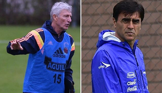 José Pékerman, técnico de Colombia, Gustavo Quinteros, técnico de Ecuador Archivo