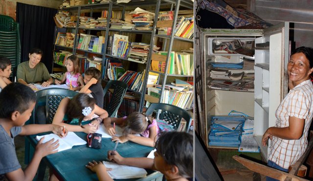 La profesora Maritza Angulo fue feliz en su bibliocasa. Esta foto de junio de 2011 la muestra con su primera estantería y sus primeros libros. Archivo
