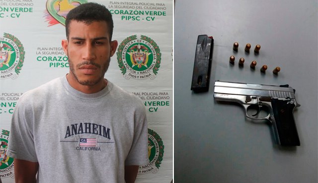 A Nomar José Leal le hallaron una pistola calibre 40 milímetros con nueve cartuchos. Policía Nacional