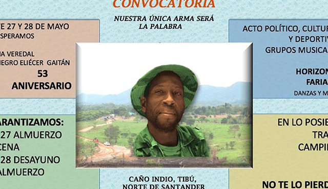 Esta es la publicidad con la que las Farc vienen promocionando el encuentro de este fin de semana en Caño Indio, Tibú. Tomada de Twitter