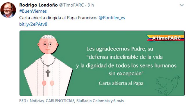 A través de su perfil en Twitter, el jefe guerrillero publico la misiva dirigida a Francisco, de visita en Colombia. Tomada de Twitter