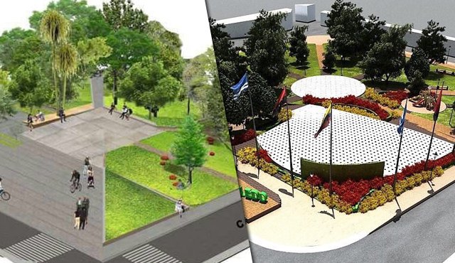 Entre estas dos opciones de diseño, los toledanos deciden cuál será el reemplazo del parque central del municipio. Cortesía