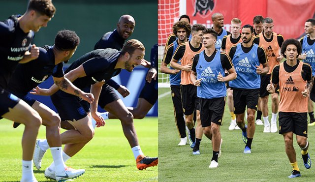 Selecciones de Inglaterra y Bélgica, en entrenamiento. AFP