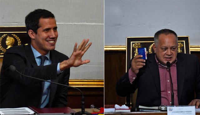 Diosdado Cabello (derecha), presidente de la Asamblea Constituyente, anunció que se aprobó por unanimidad "autorizar la continuación del enjuiciamiento" de Juan Guaidó (izquierda). AFP
